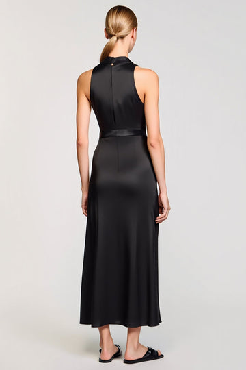 Black Satin Lapel Sheath Long Work Dress